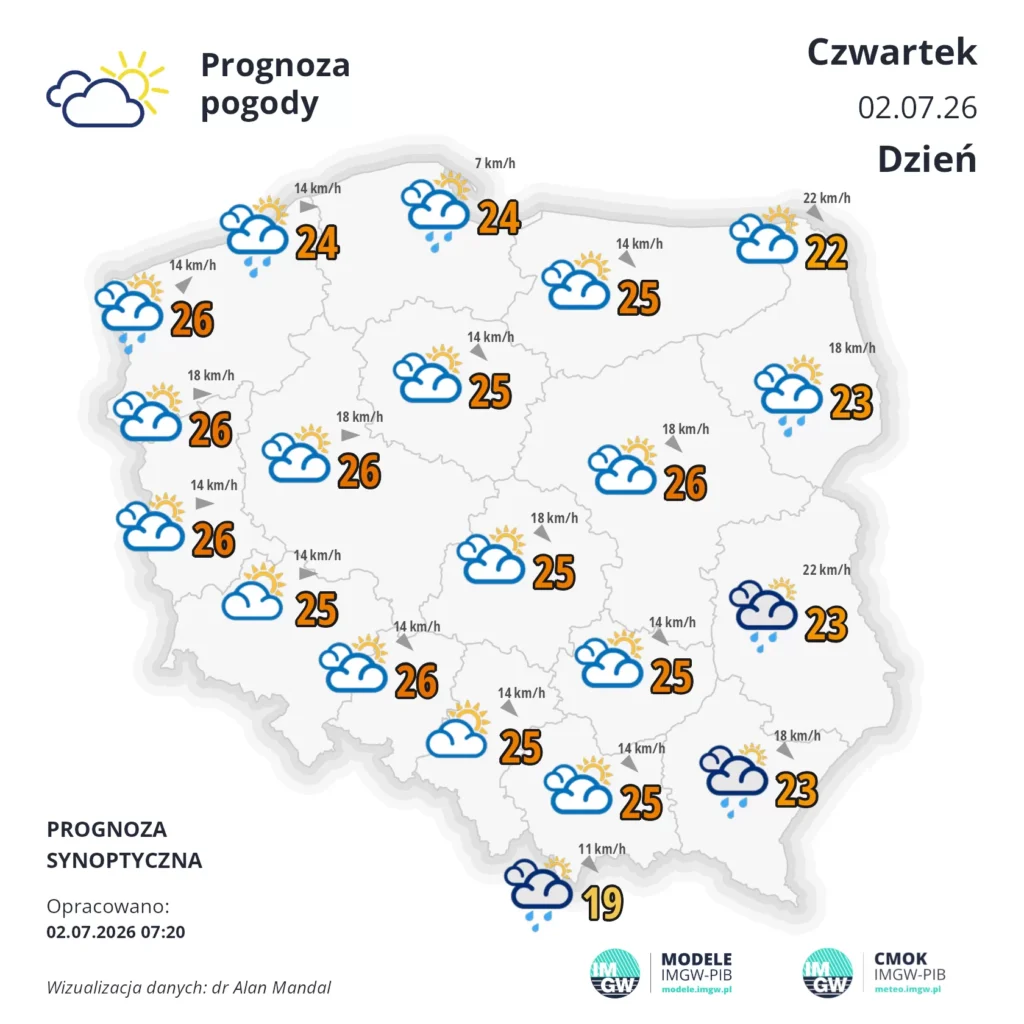 Mapa pogodowa Polski 2 lipca 2026