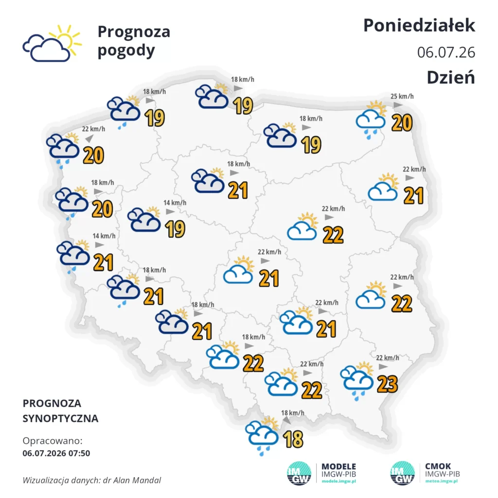 Mapa pogodowa Polski 6 lipca 2026
