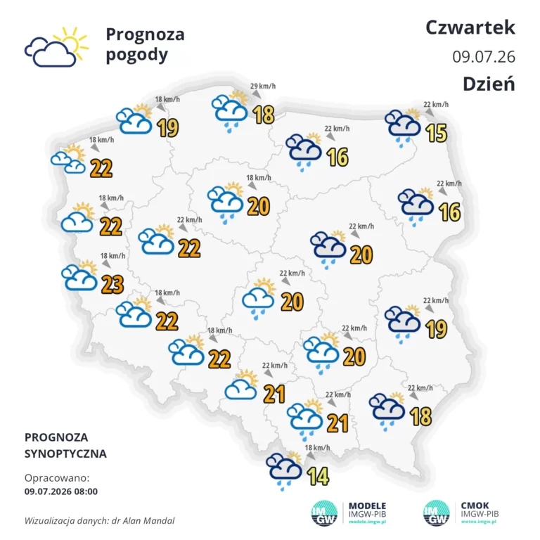 Mapa pogodowa Polski 9 lipca 2026