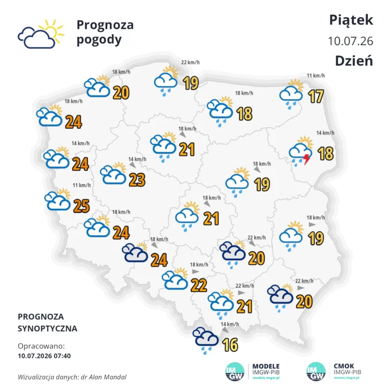 Mapa pogodowa Polski 10 lipca 2026