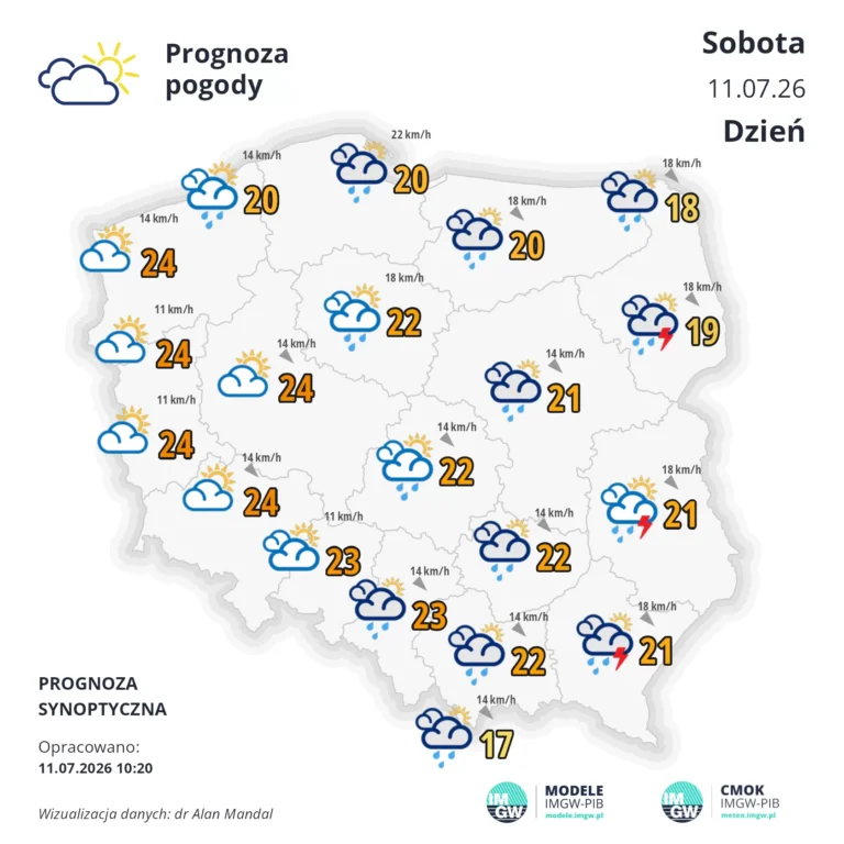 Mapa pogodowa Polski 11 lipca 2026