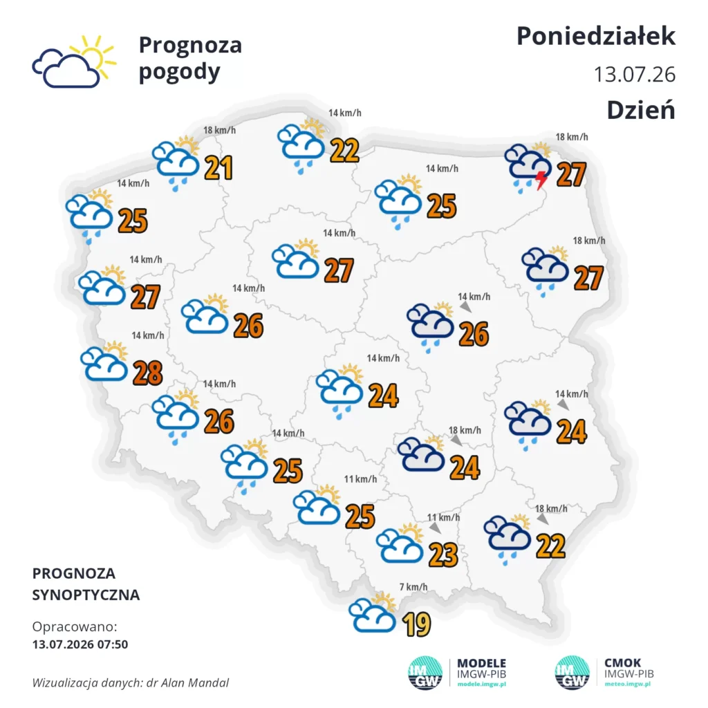 Mapa pogodowa Polski 13 lipca 2026