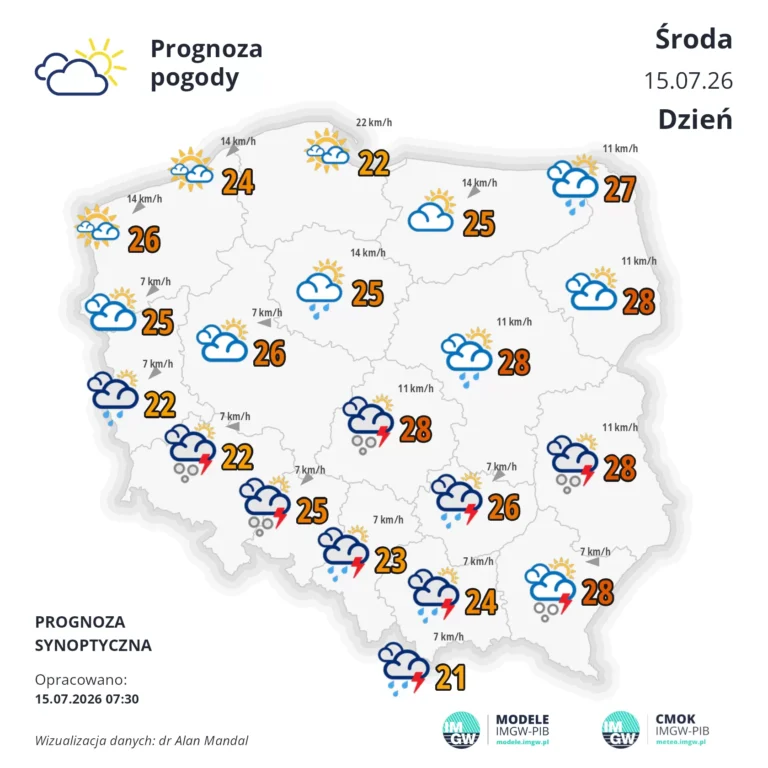 Mapa pogodowa Polski 15 lipca 2026