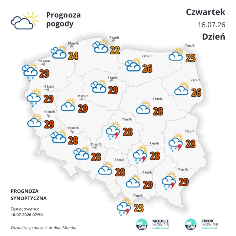 Mapa pogodowa Polski 16 lipca 2026