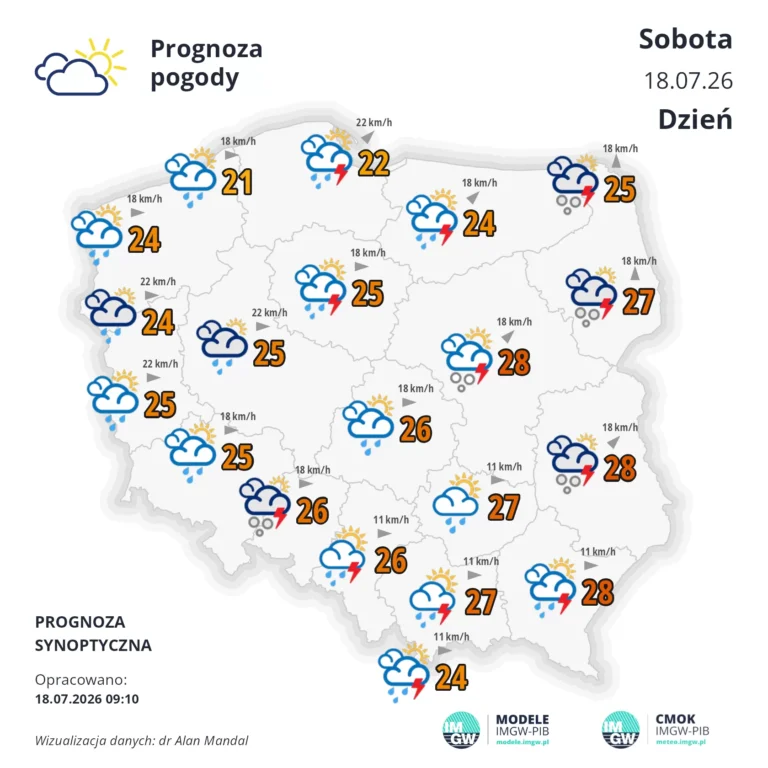 Mapa pogodowa Polski 18 lipca 2026