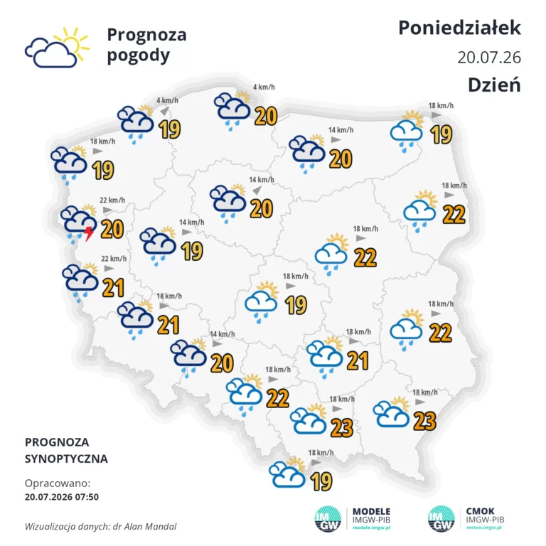 Mapa pogodowa Polski 20 lipca 2026