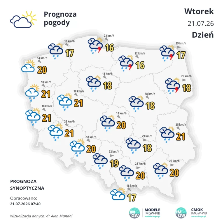 Mapa pogodowa Polski 21 lipca 2026