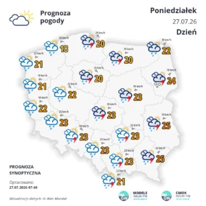 Mapa pogodowa Polski 27 lipca 2026