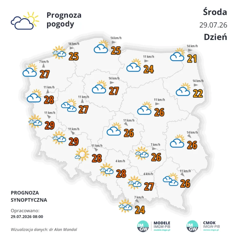 Mapa pogodowa Polski 29 lipca 2026