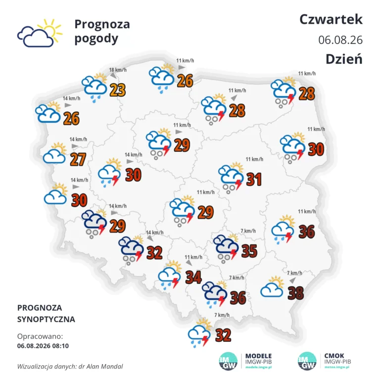 Mapa pogodowa Polski 6 sierpnia 2026
