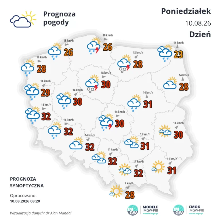 Mapa pogodowa Polski 10 sierpnia 2026