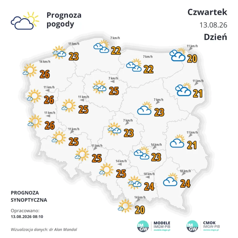 Mapa pogodowa Polski 13 sierpnia 2026
