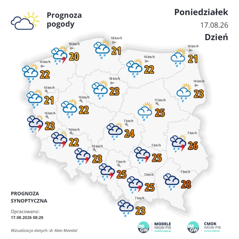 Mapa pogodowa Polski 17 sierpnia 2026
