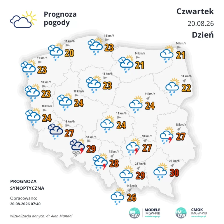 Mapa pogodowa Polski 20 sierpnia 2026