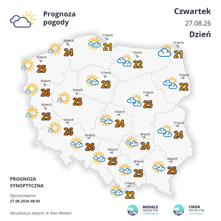MApa pogodowa Polski 27 sierpnia 2026