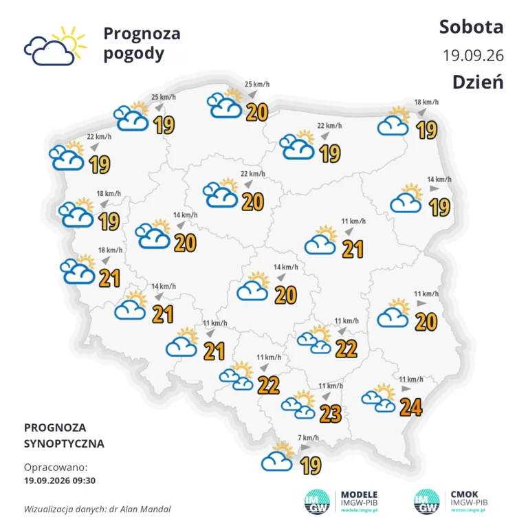 Mapa pogodowa Polski 19 września 2026