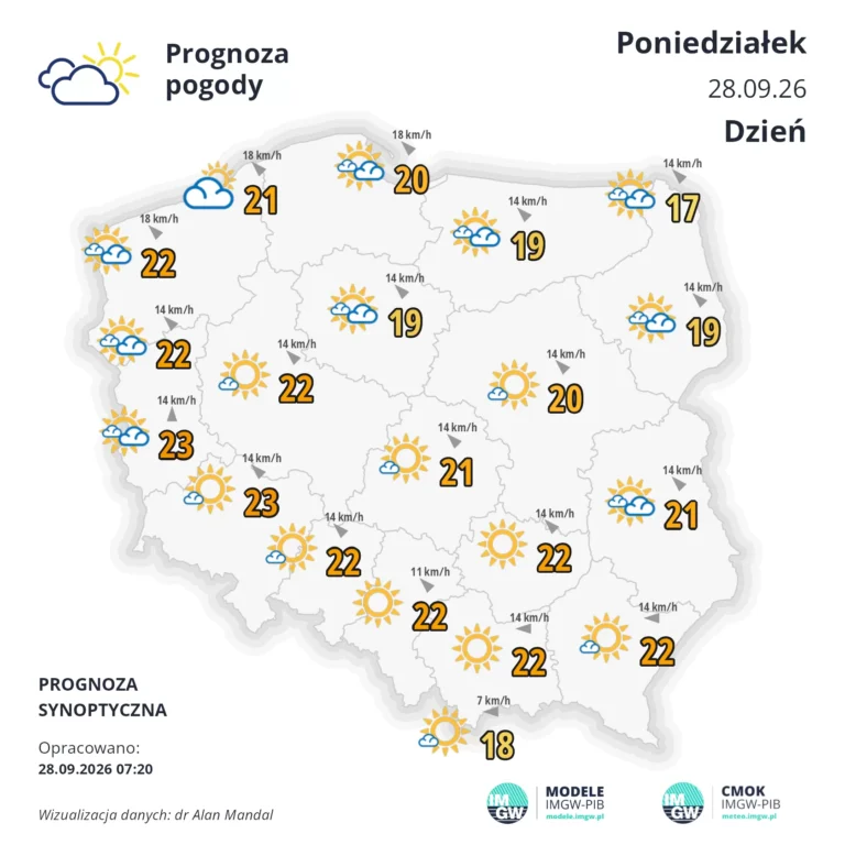 Mapa pogodowa Polski 28 września 2026
