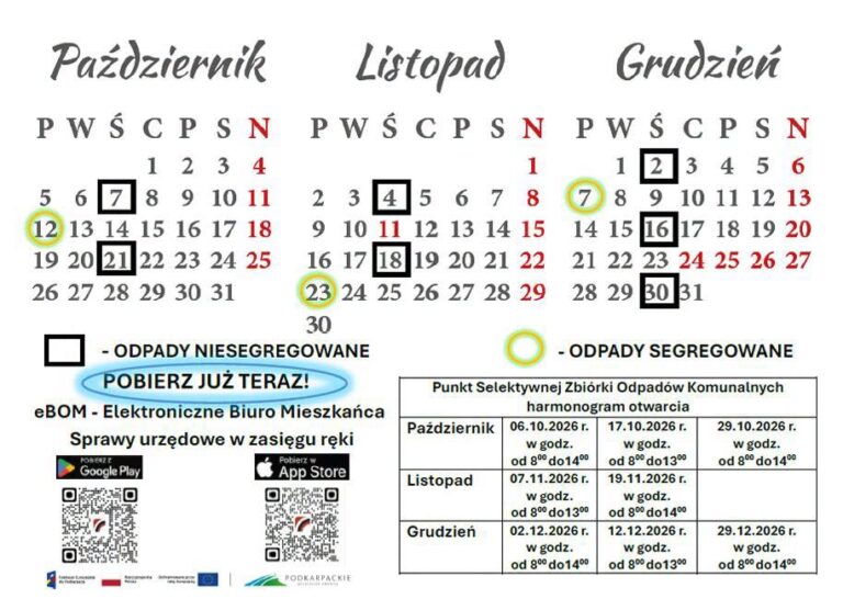 Nowy harmonogram wywozu śmieci w gminie Jawornik Polski na IV kwartał 2026