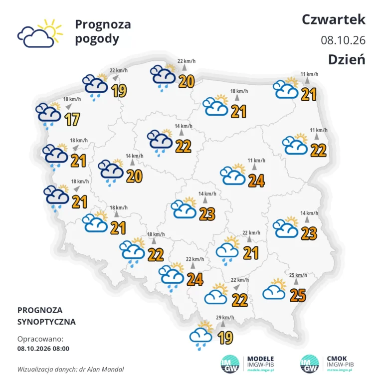 Mapa pogodowa Polski 8 października 2026