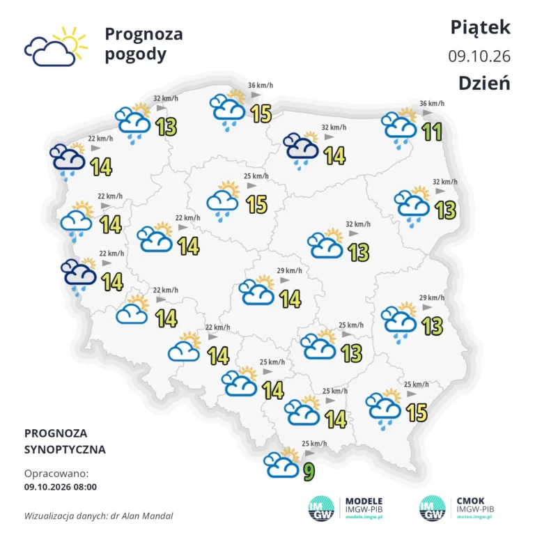 Mapa pogodowa Polski 9 października 2026