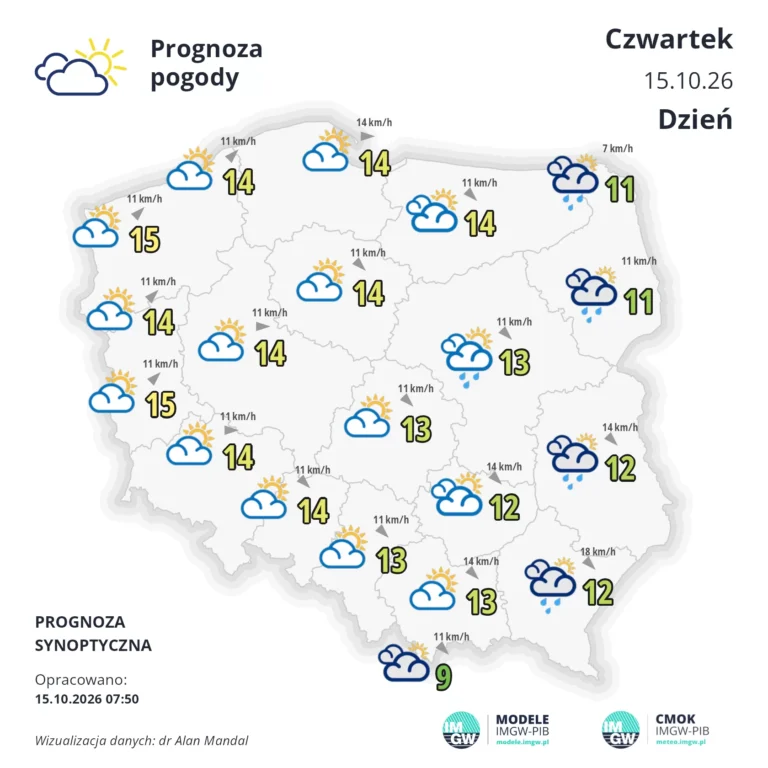 Mapa pogodowa Polski 15 października 2026