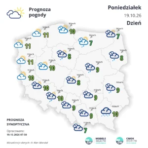 Mapa pogodowa Polski 19 października 2026