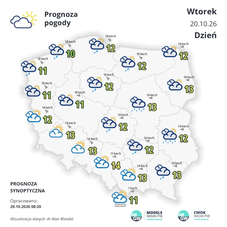 Mapa pogodowa Polski 20 października 2026