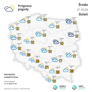 Mapa pogodowa Polski 21 października 2026