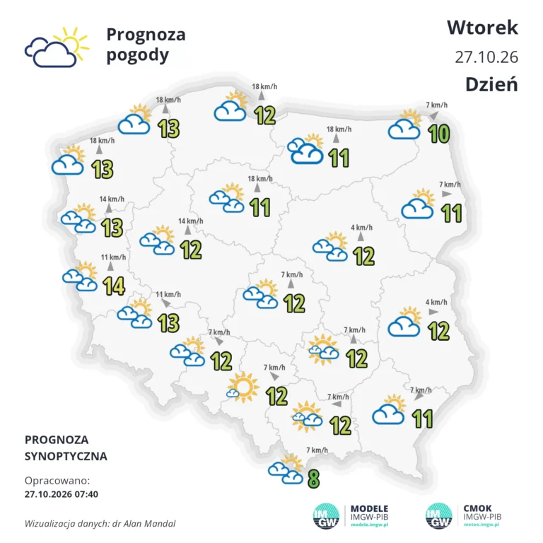 Mapa pogodowa Polski 27 października 2026