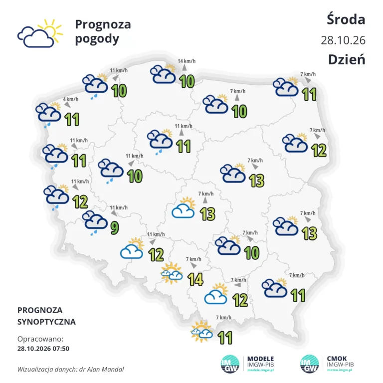 Mapa pogodowa Polski 28 października 2026